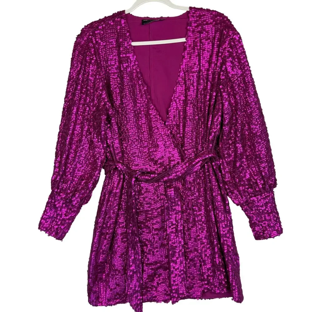 ASOS EDITION Sequin Wrap Mini Dress Womens Size 4 Magenta Pink Party Holiday